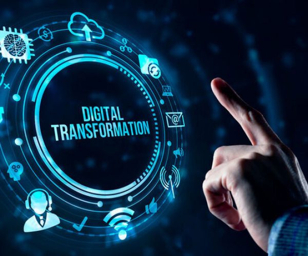 Internet, business, Technology and network concept.Concept of digitization of business processes and modern technology. Digital transformation. Virtual button.